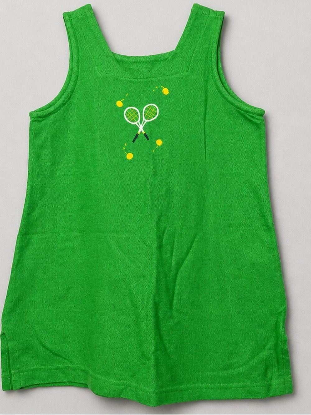 Kelly’s Kids green waffle knit square neck tennis dress with racket embroidery